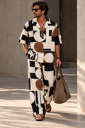 Men's Geometric Block Print Co-ord Set – Camp Collar Shirt & Wide-Leg Pants