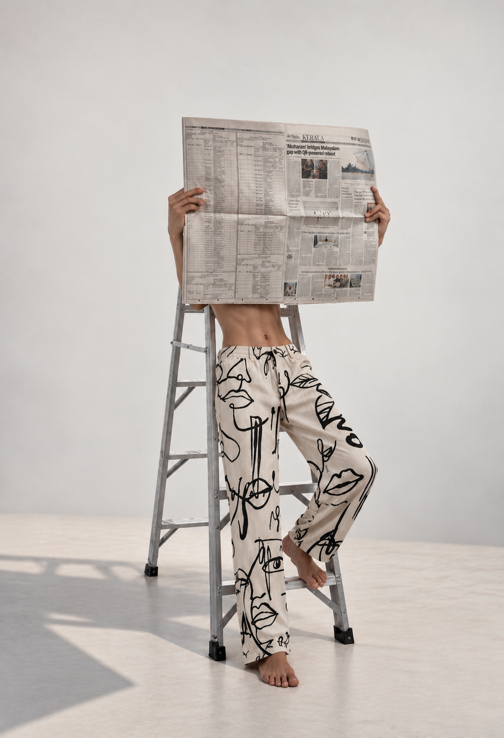 Men's Line Art Print Wide-Leg Pants – Abstract Face Design