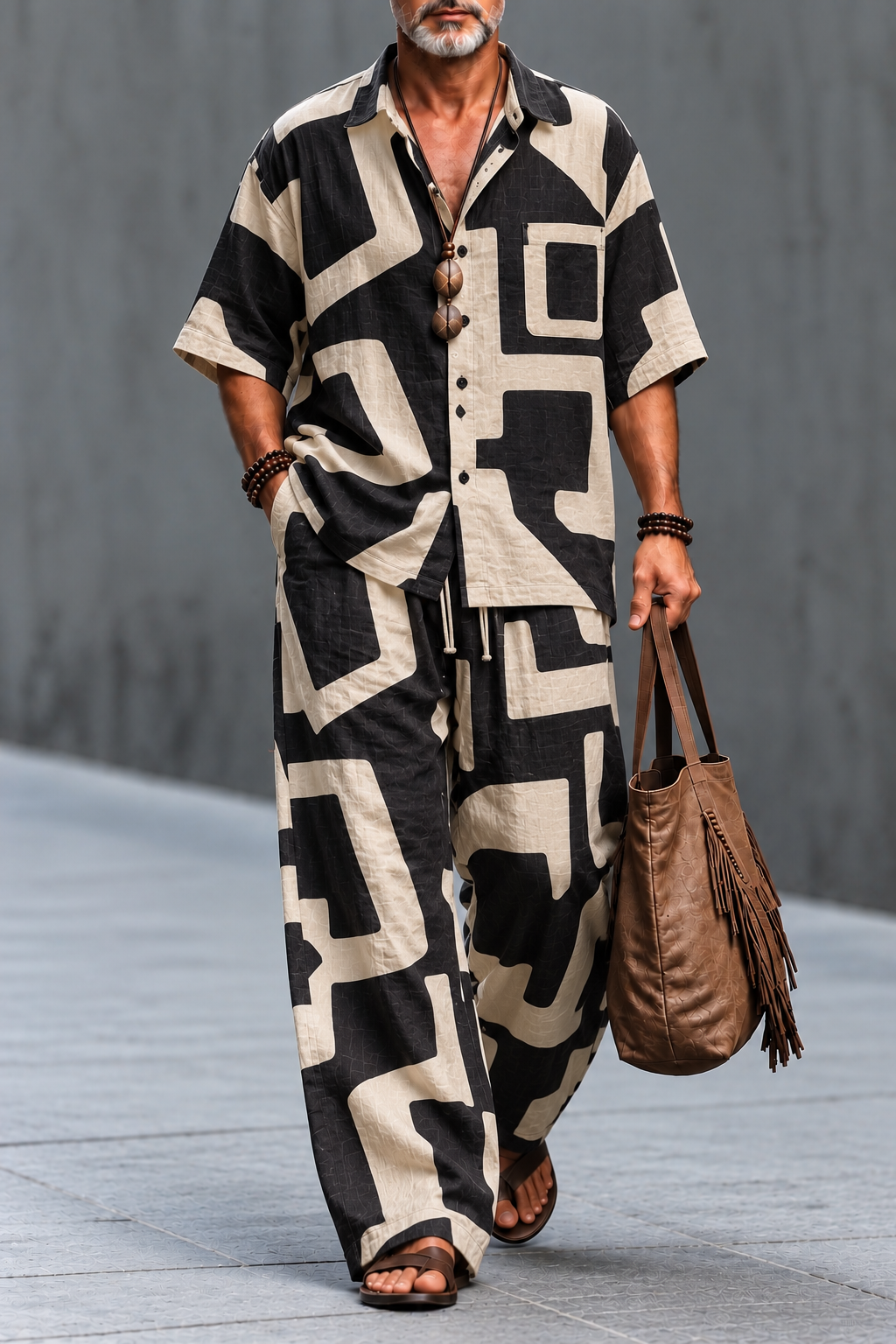 Men's Geometric Print Co-ord Set – Relaxed Fit Shirt & Wide-Leg Pants