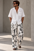 Men's Line Art Print Wide-Leg Pants – Abstract Face Design