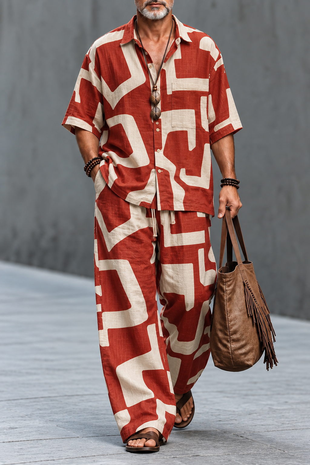Men's Geometric Print Co-ord Set – Relaxed Fit Shirt & Wide-Leg Pants