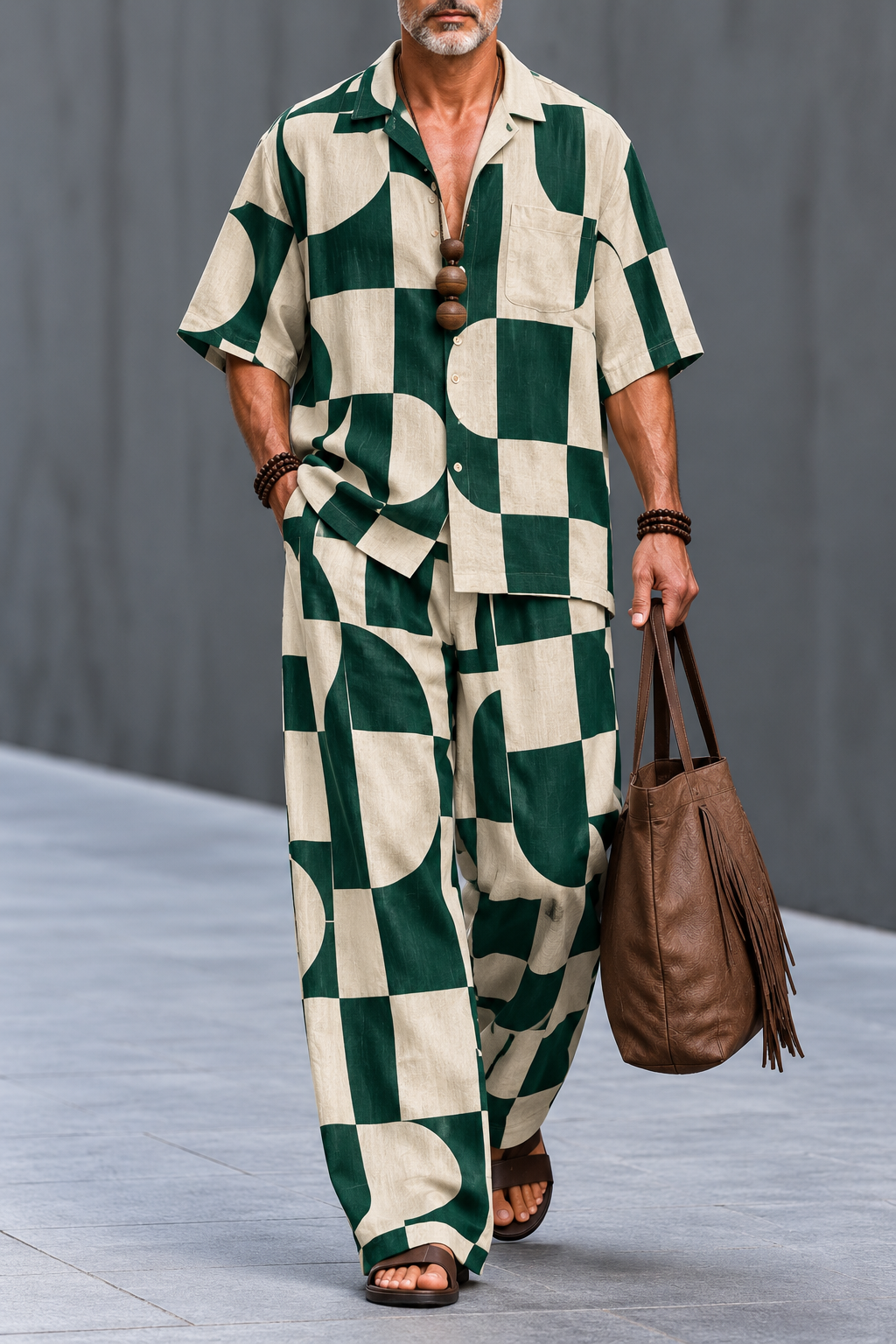 Men's Checkerboard Print Co-ord Set – Relaxed Fit Shirt & Wide-Leg Pants